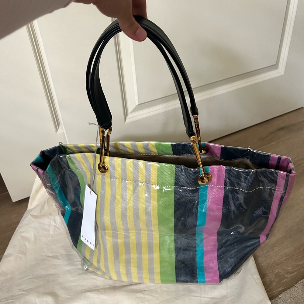 NWT Marni Multicolor Clear Overlay Striped PVC Tote — Green Pink Blue Gray - Picture 5 of 9